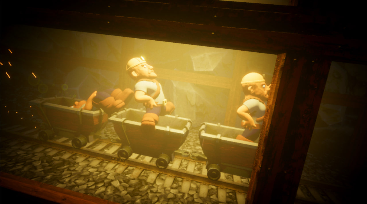 Шахтёры едут в вагонетках по тоннелю Hollow Deep